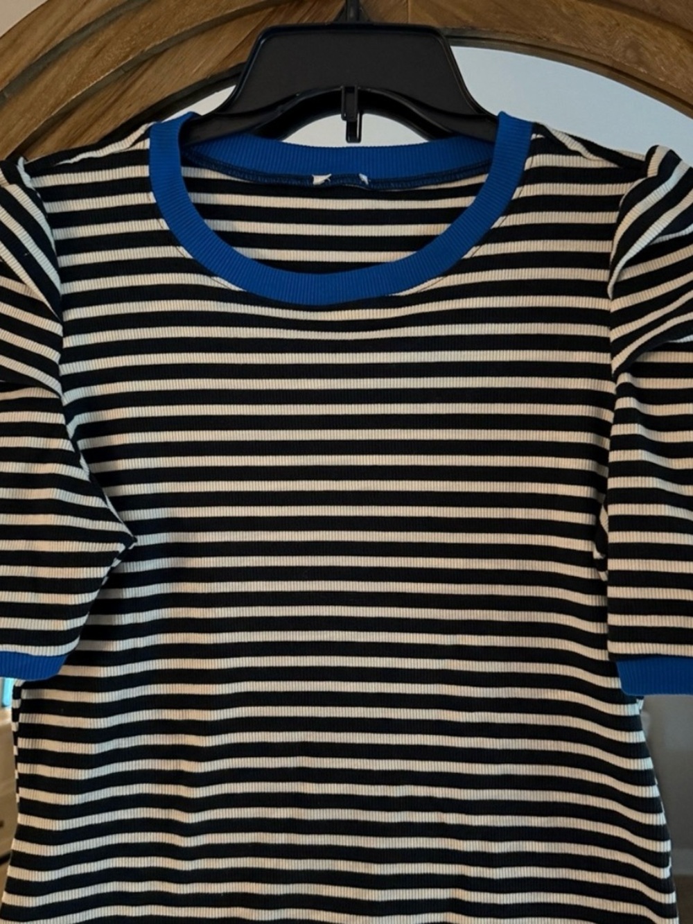 Anthropologie Black and White Striped Short Sleeve Tee with Blue Trim